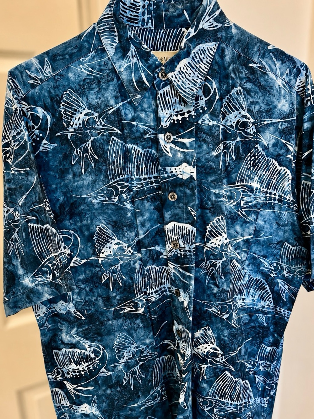 Johari West Blue Sailfish Hawaiian Shirt L 100% Cotton Coastal Fishing Camp